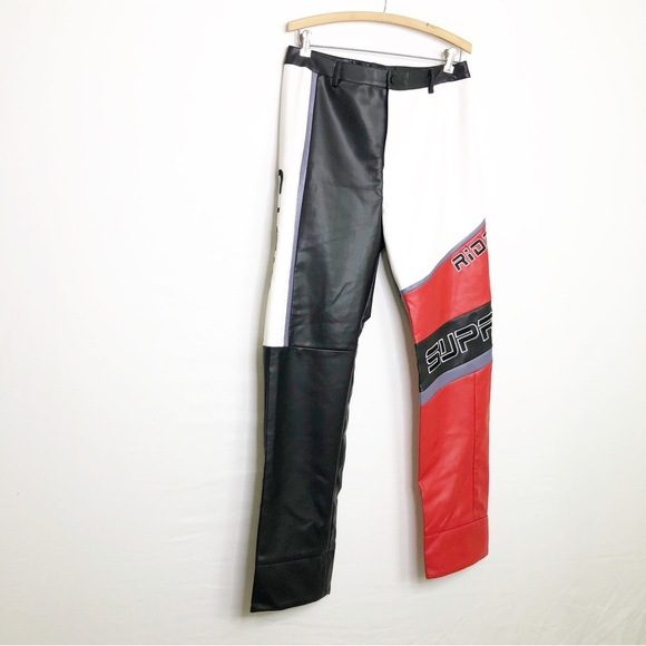 Fashion Nova faux, leather color block let’s race Moto pants - Picture 9 of 10